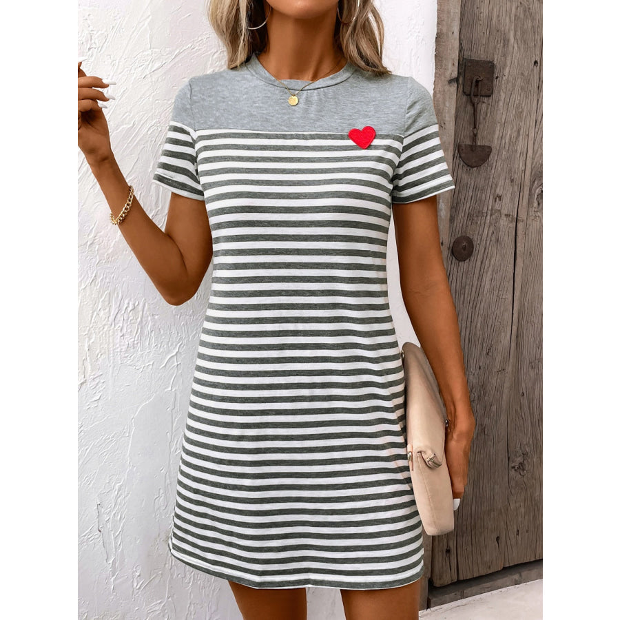 Striped Round Neck Short Sleeve Mini Dress Gray / S Apparel and Accessories