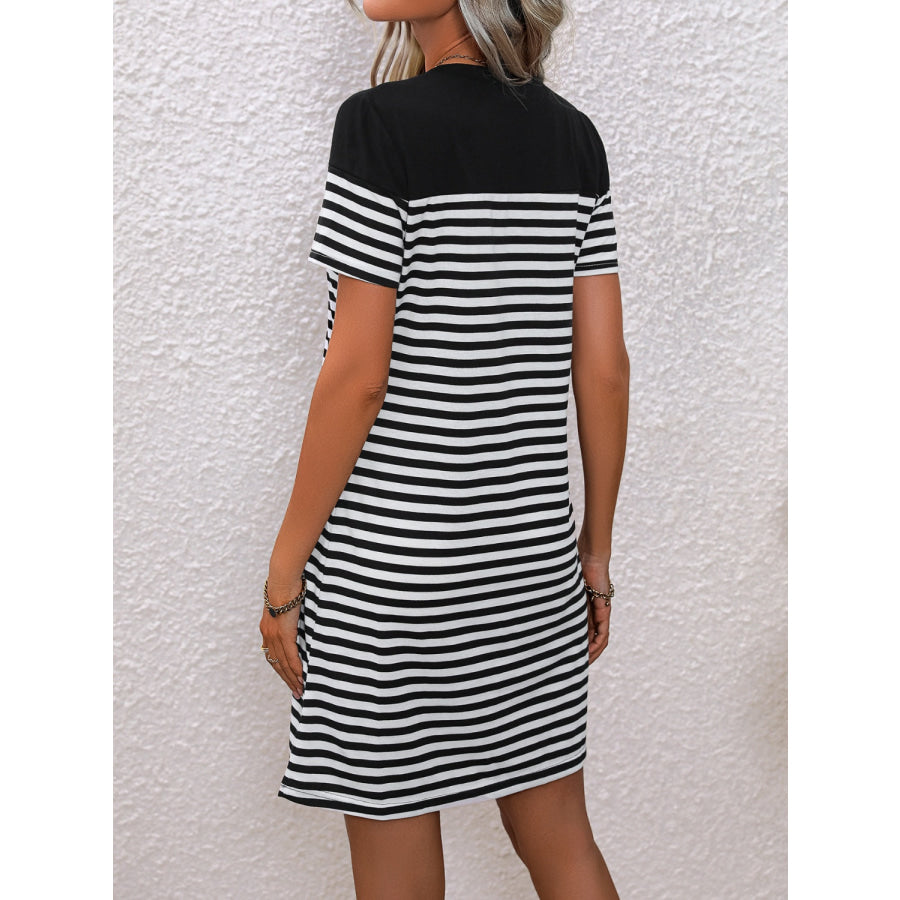 Striped Round Neck Short Sleeve Mini Tee Dress Black / S Apparel and Accessories