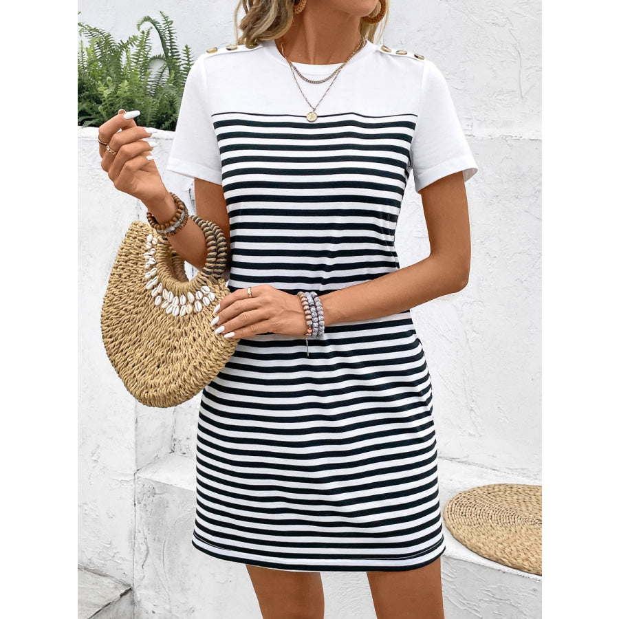 Striped Round Neck Short Sleeve Mini Tee Dress White / S Apparel and Accessories