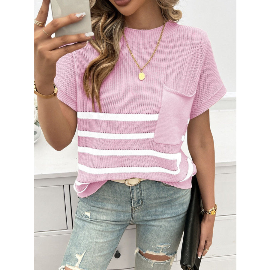 Striped Round Neck Short Sleeve Sweater Apparel and Accessories