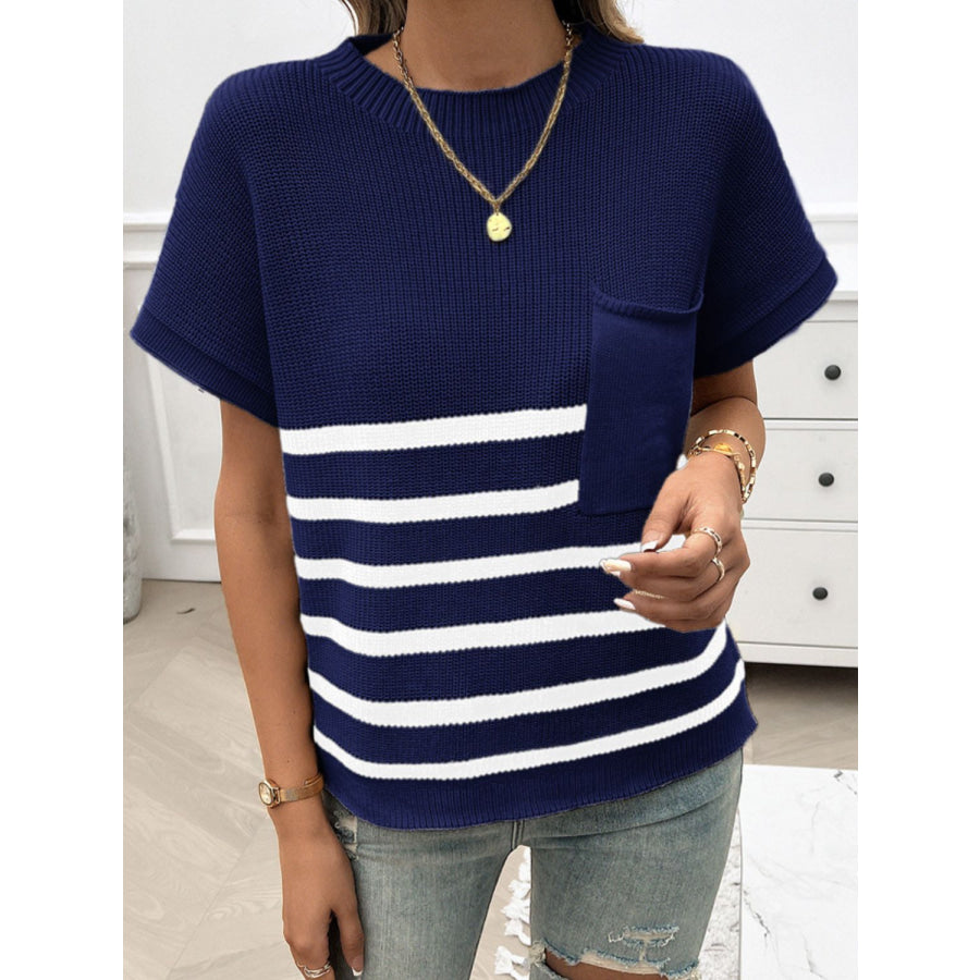 Striped Round Neck Short Sleeve Sweater Apparel and Accessories