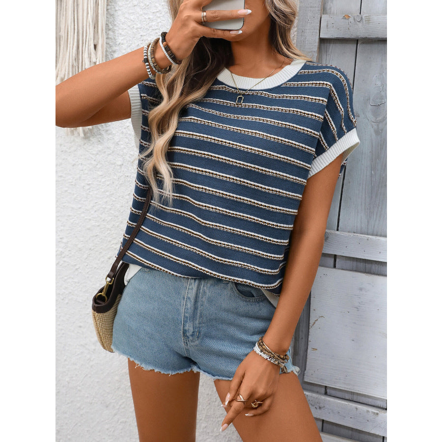 Striped Round Neck Short Sleeve Sweater Apparel and Accessories