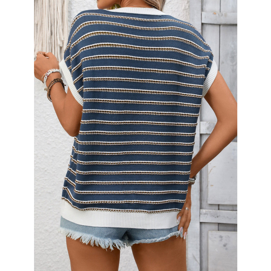 Striped Round Neck Short Sleeve Sweater Apparel and Accessories