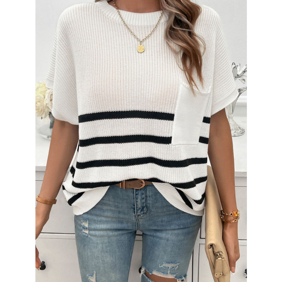 Striped Round Neck Short Sleeve Sweater Apparel and Accessories