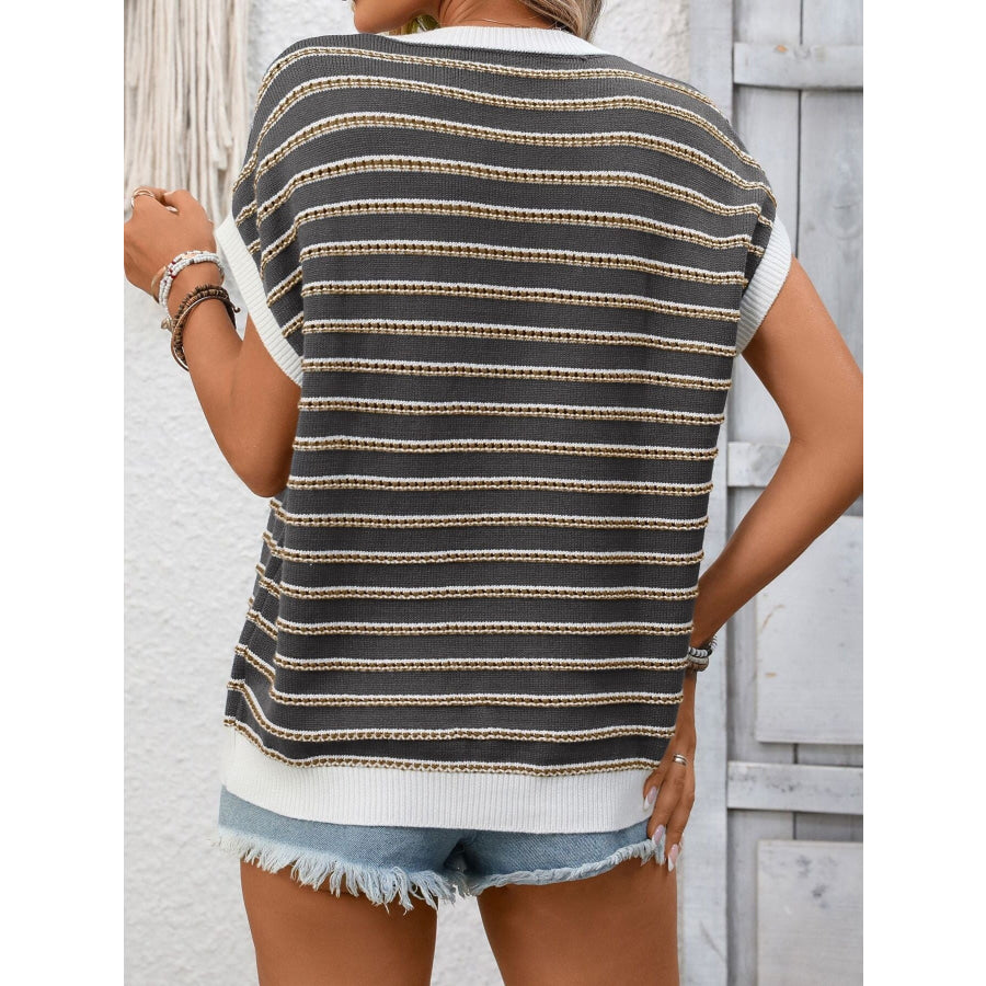 Striped Round Neck Short Sleeve Sweater Apparel and Accessories