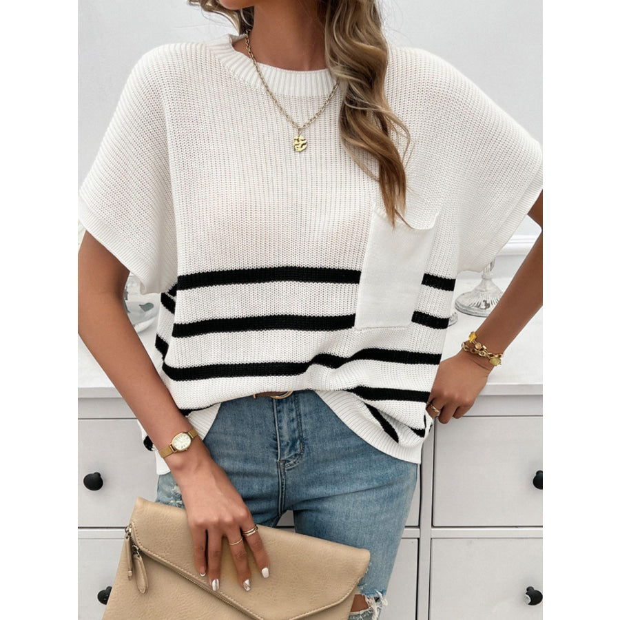 Striped Round Neck Short Sleeve Sweater Apparel and Accessories