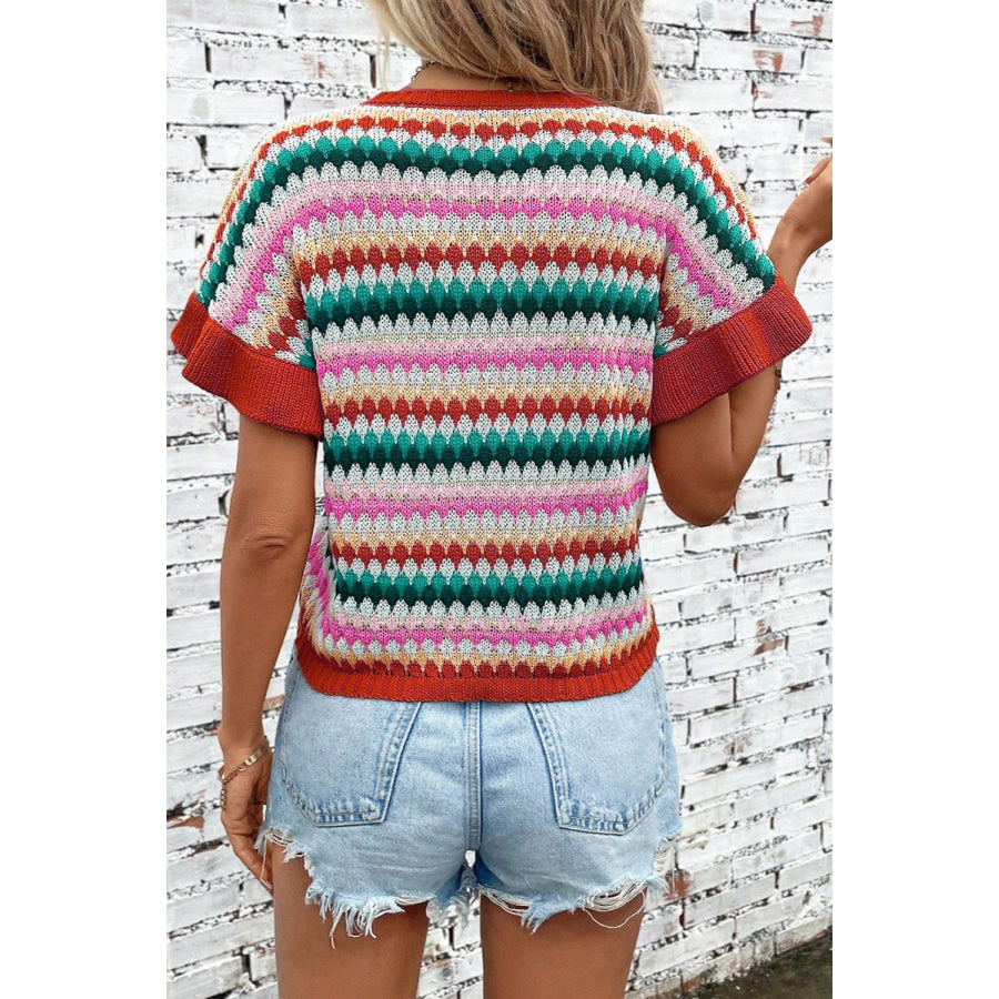 Striped Round Neck Short Sleeve Sweater Apparel and Accessories