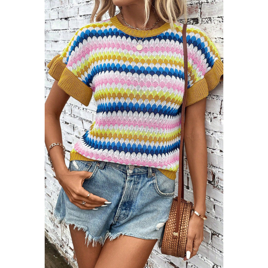 Striped Round Neck Short Sleeve Sweater Apparel and Accessories