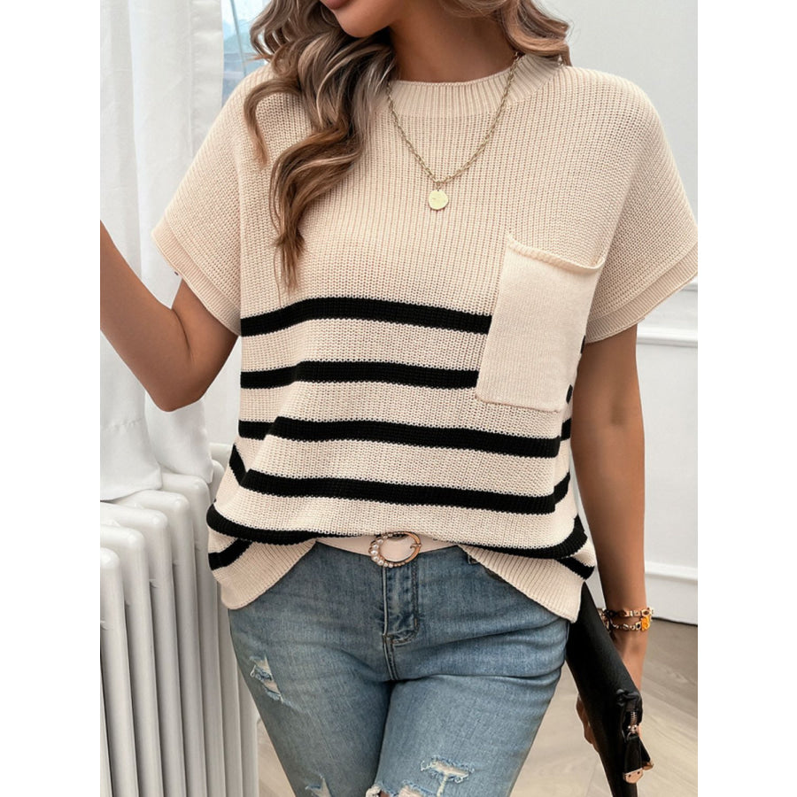 Striped Round Neck Short Sleeve Sweater Apparel and Accessories