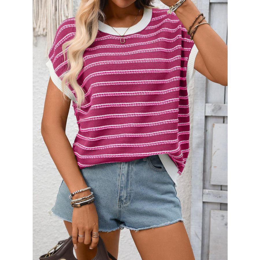 Striped Round Neck Short Sleeve Sweater Apparel and Accessories