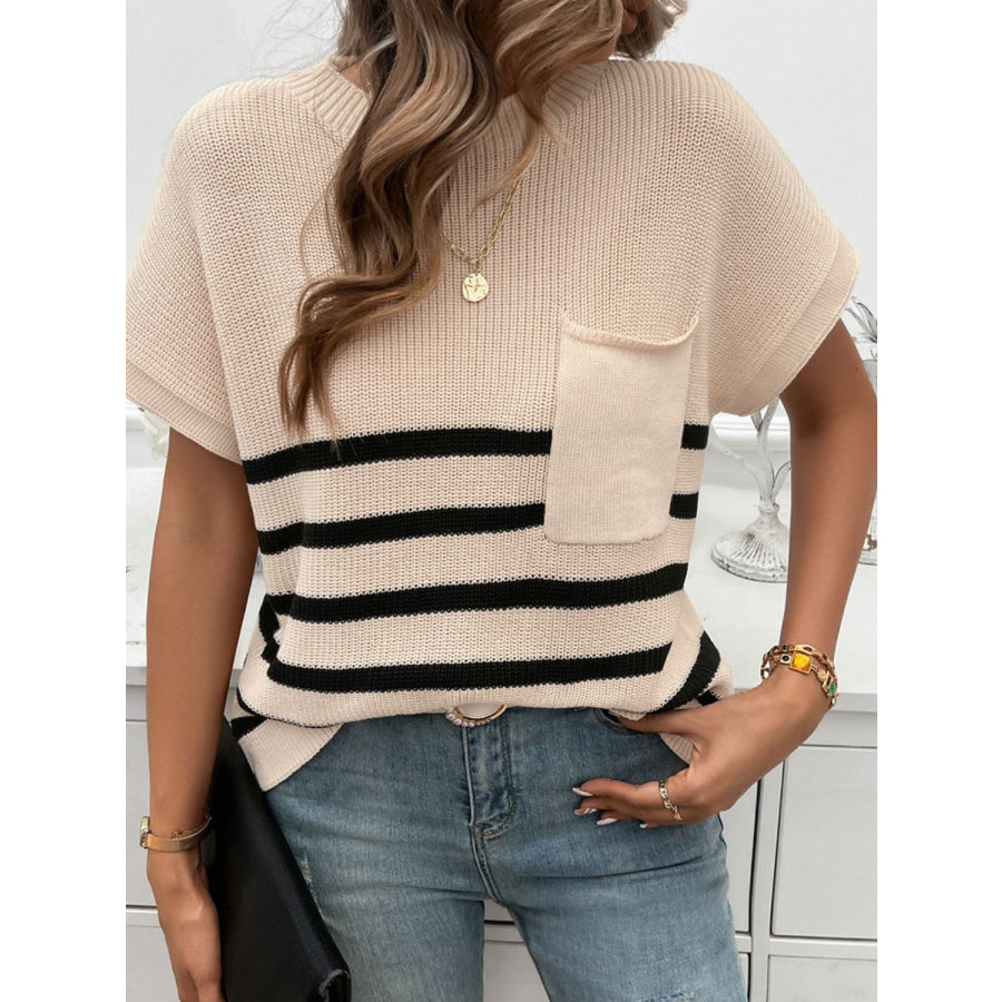 Striped Round Neck Short Sleeve Sweater Apparel and Accessories