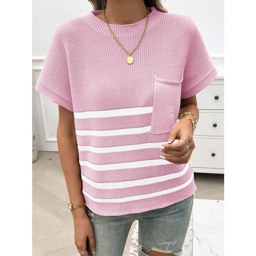 Striped Round Neck Short Sleeve Sweater Apparel and Accessories