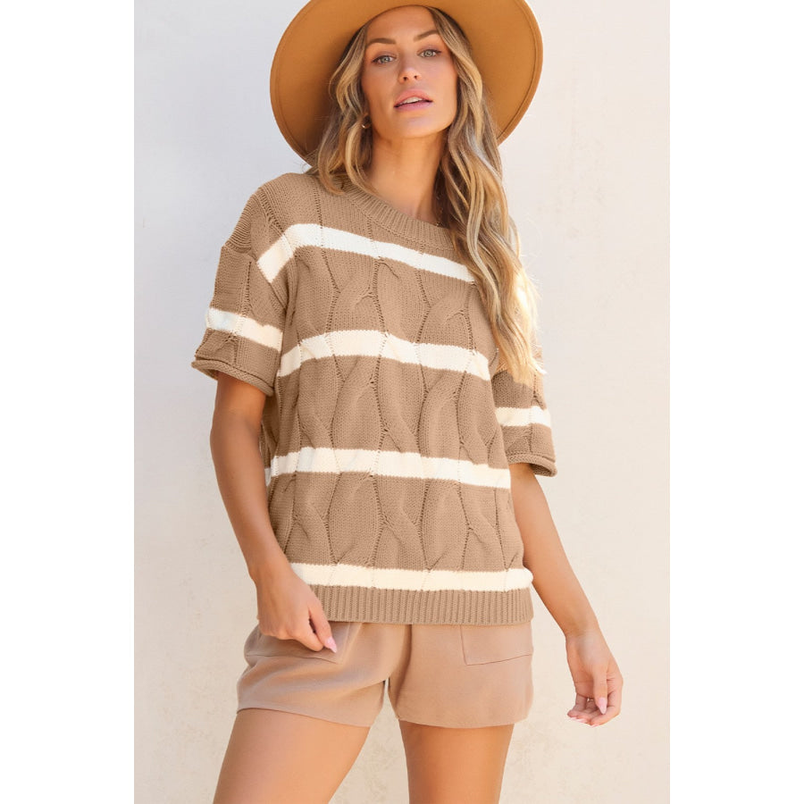 Striped Round Neck Short Sleeve Sweater Apparel and Accessories