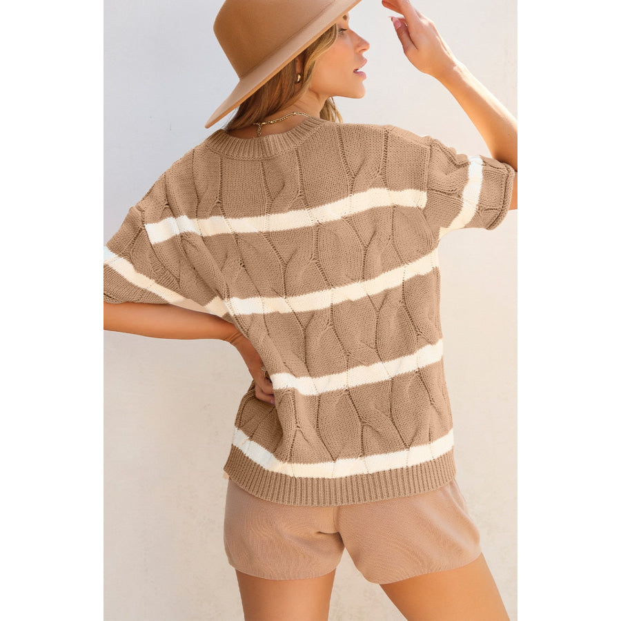 Striped Round Neck Short Sleeve Sweater Apparel and Accessories