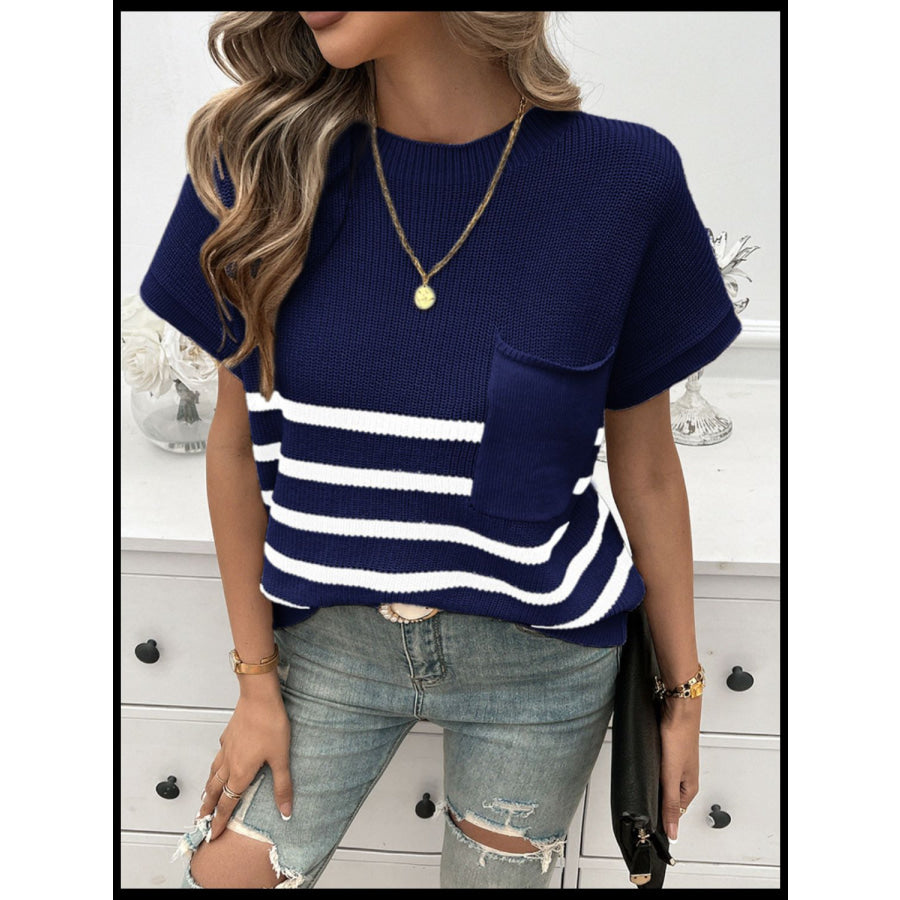 Striped Round Neck Short Sleeve Sweater Apparel and Accessories