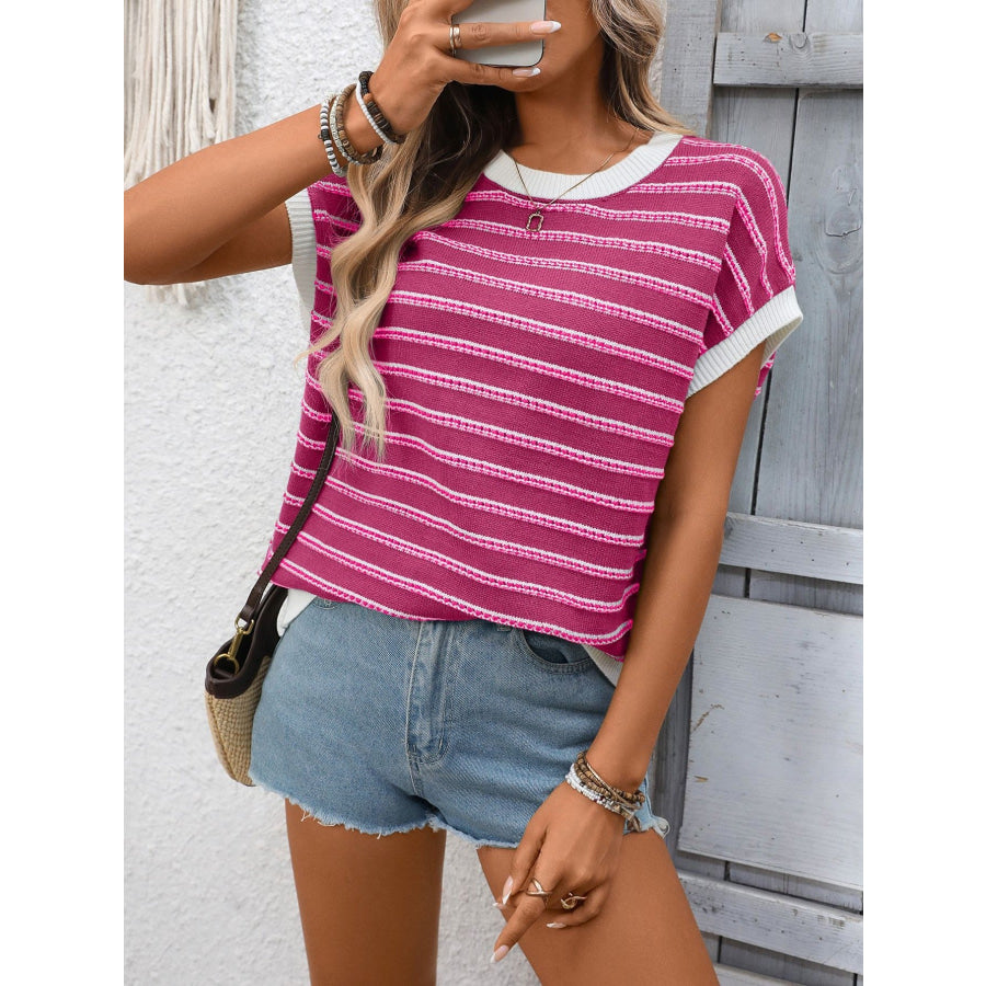 Striped Round Neck Short Sleeve Sweater Apparel and Accessories