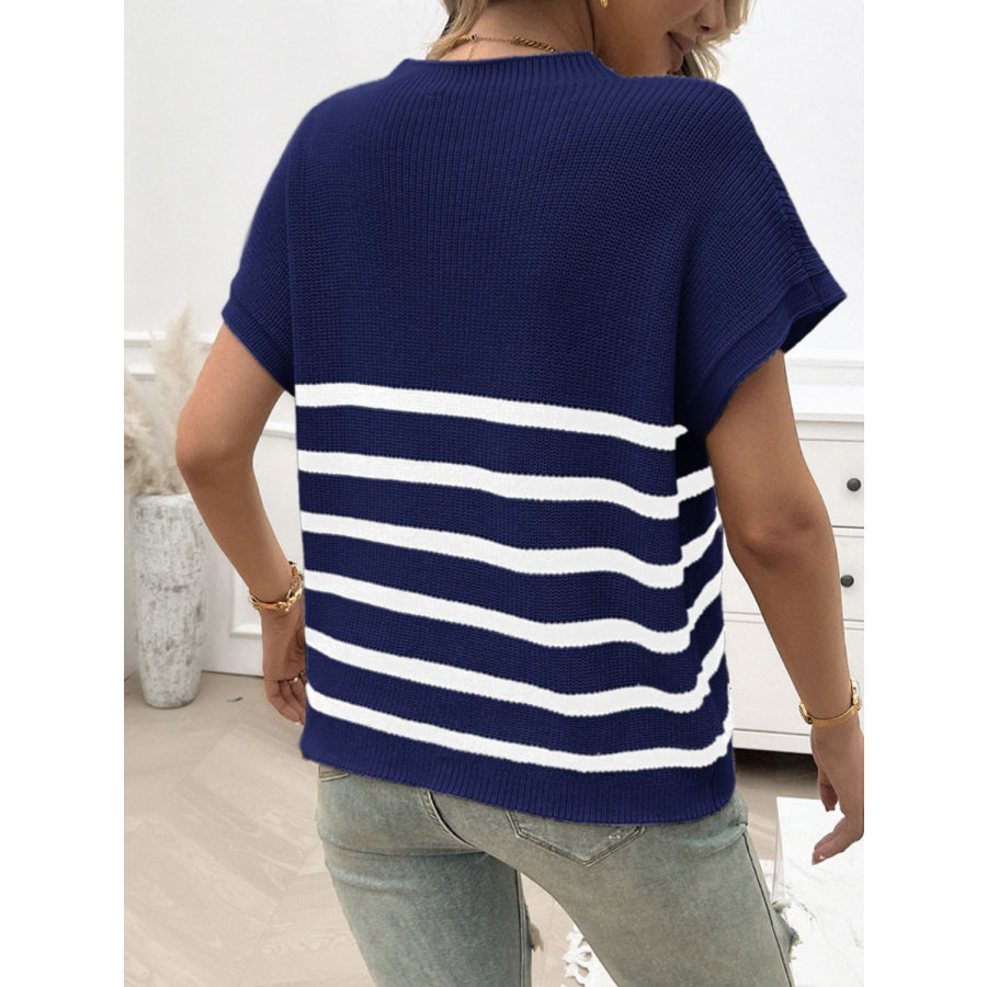 Striped Round Neck Short Sleeve Sweater Apparel and Accessories