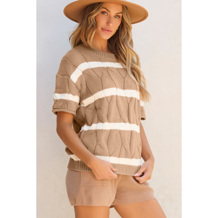 Striped Round Neck Short Sleeve Sweater Apparel and Accessories