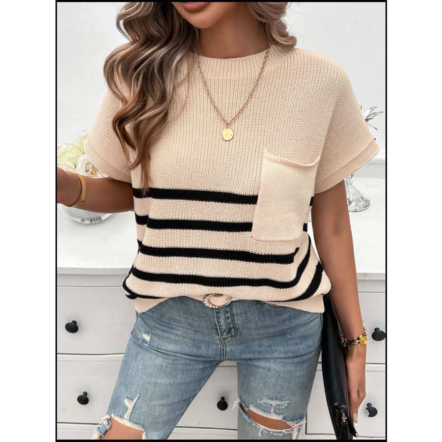 Striped Round Neck Short Sleeve Sweater Apparel and Accessories