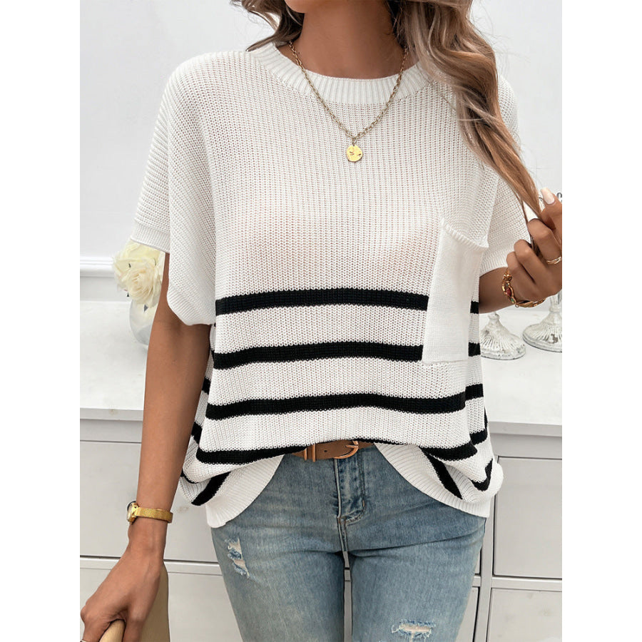 Striped Round Neck Short Sleeve Sweater Apparel and Accessories