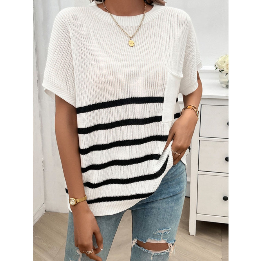 Striped Round Neck Short Sleeve Sweater Apparel and Accessories