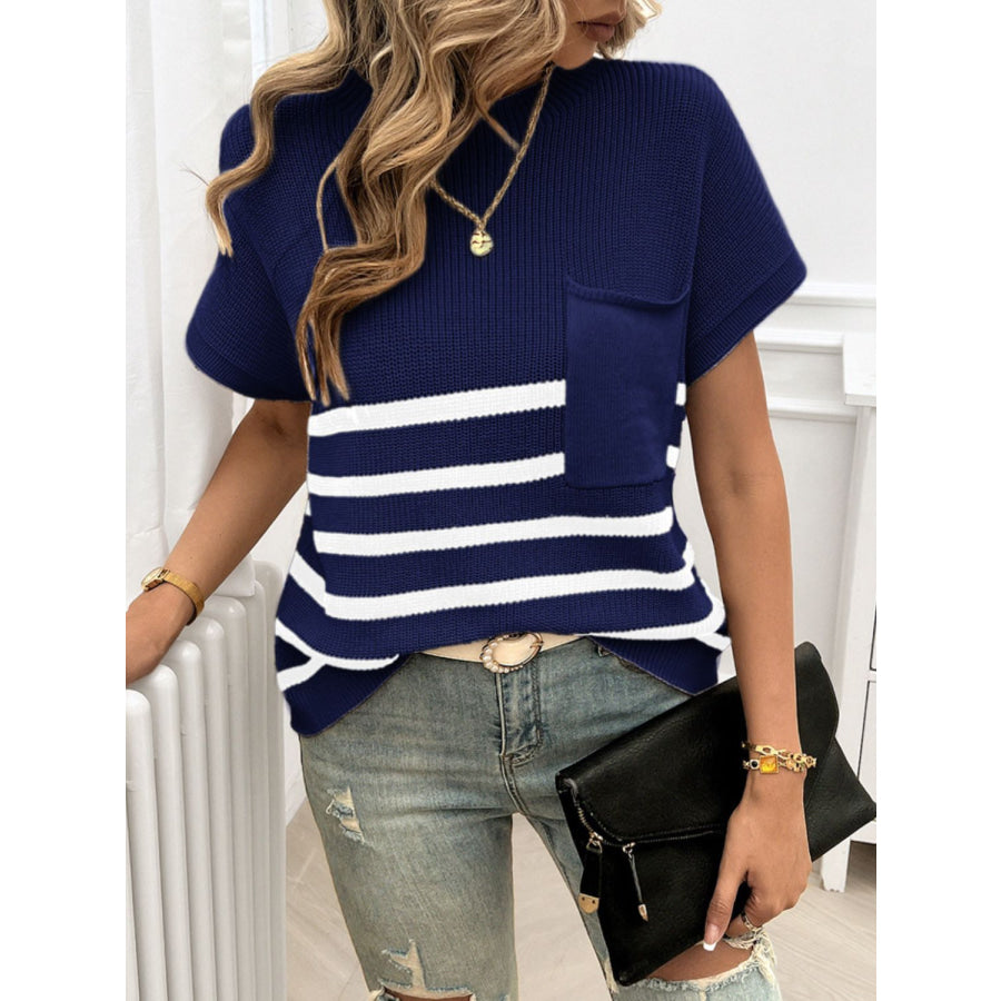 Striped Round Neck Short Sleeve Sweater Apparel and Accessories