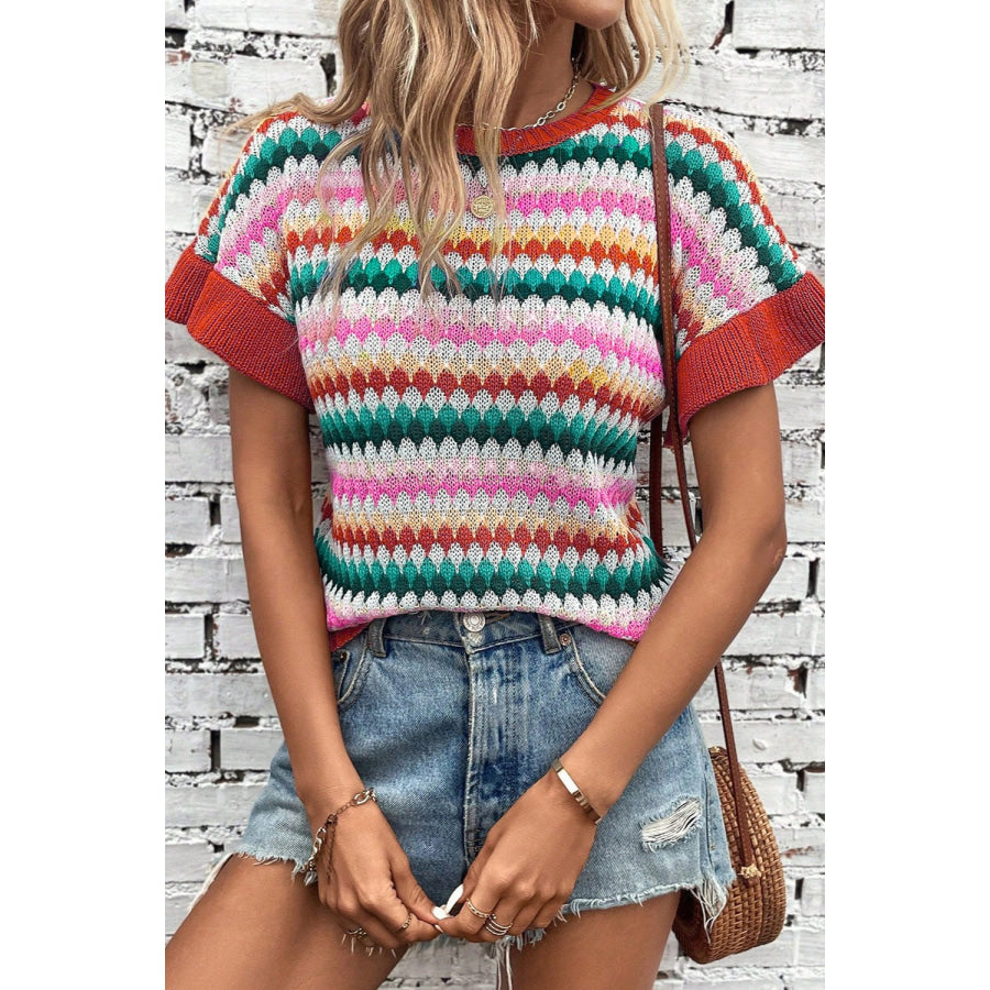 Striped Round Neck Short Sleeve Sweater Brick Red / S Apparel and Accessories
