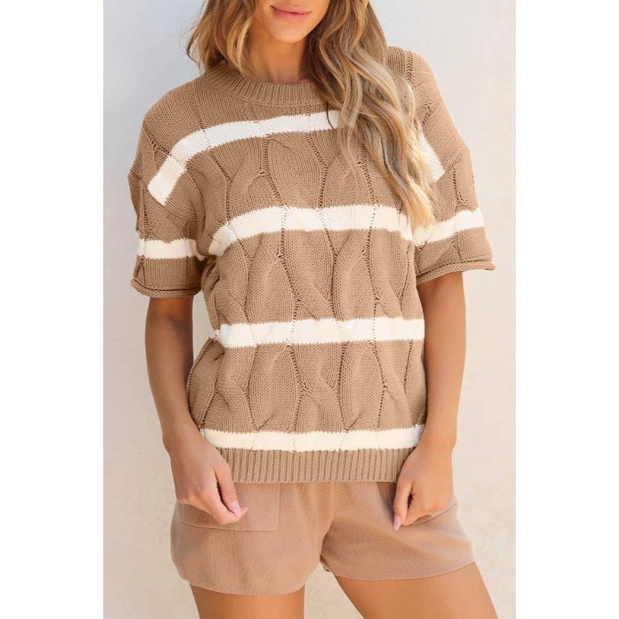 Striped Round Neck Short Sleeve Sweater Camel / S Apparel and Accessories