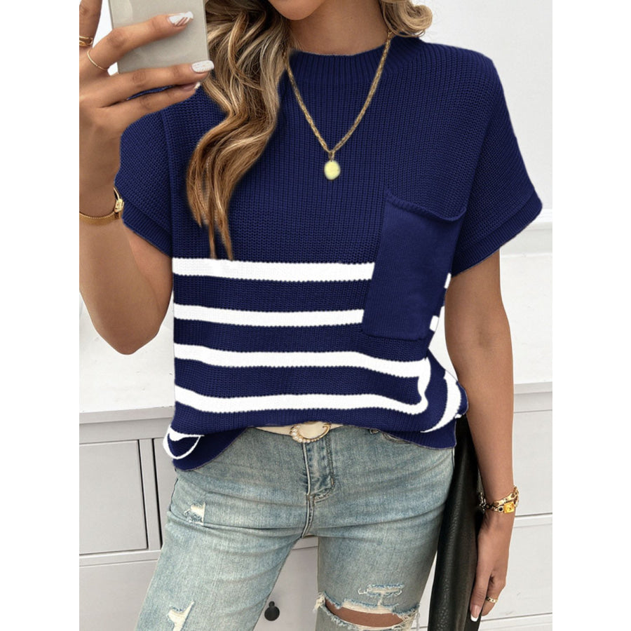 Striped Round Neck Short Sleeve Sweater Dark Navy / S Apparel and Accessories