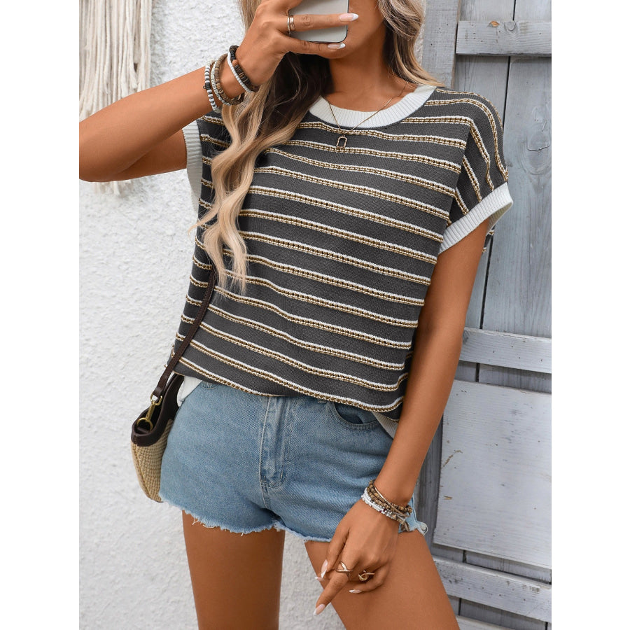 Striped Round Neck Short Sleeve Sweater Gray / S Apparel and Accessories