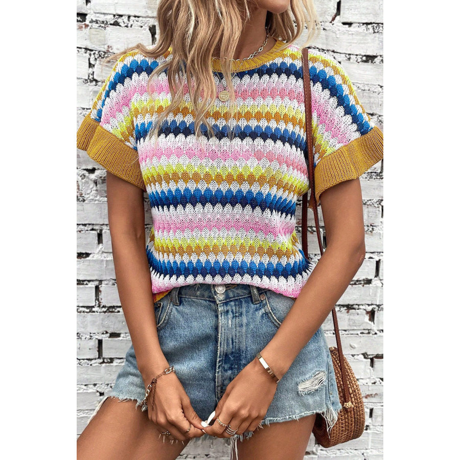 Striped Round Neck Short Sleeve Sweater Multicolor / S Apparel and Accessories