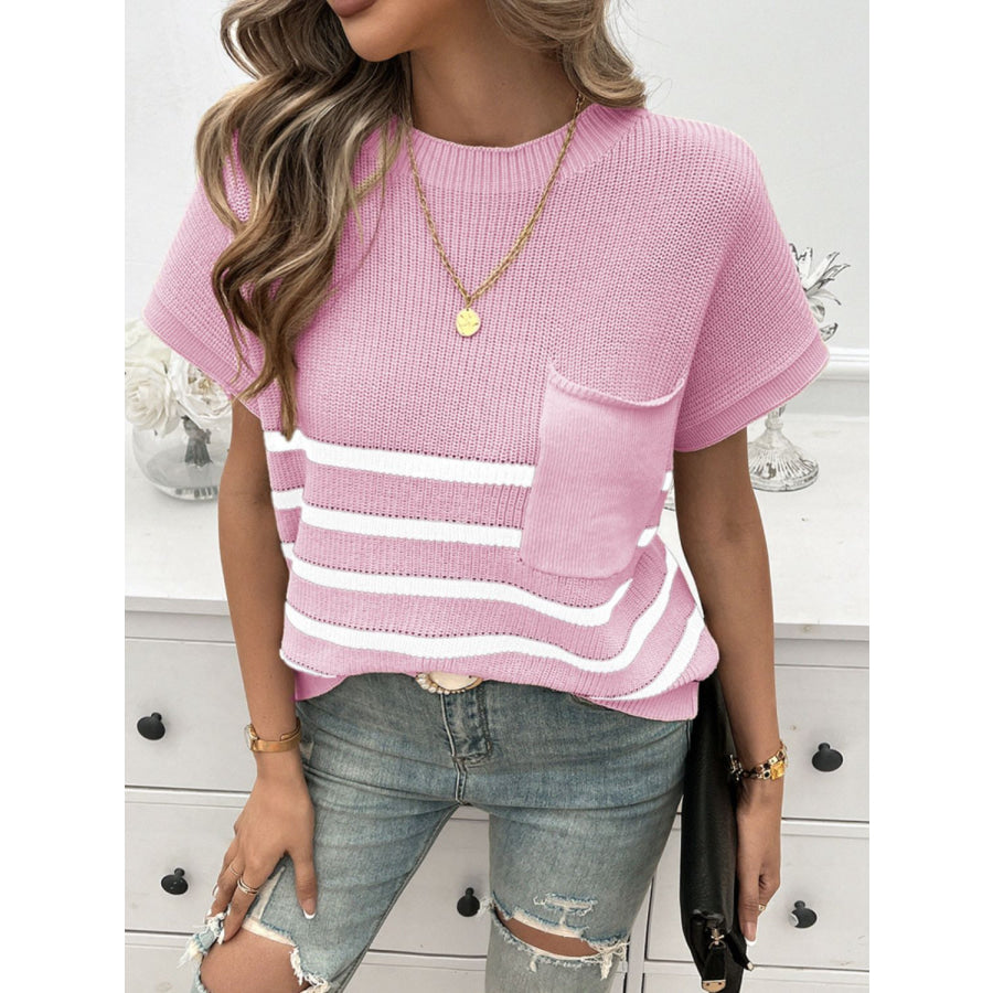 Striped Round Neck Short Sleeve Sweater Pink / S Apparel and Accessories