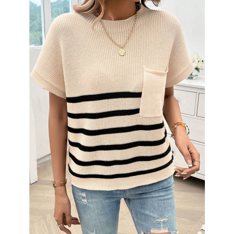 Striped Round Neck Short Sleeve Sweater Tan / S Apparel and Accessories