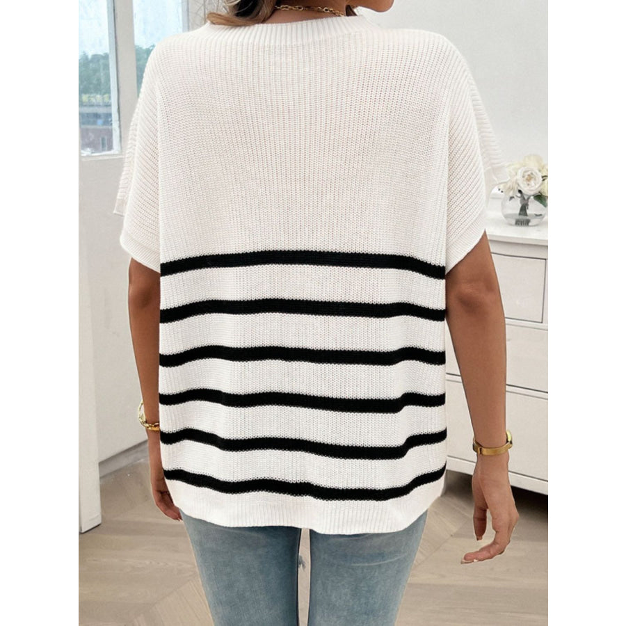 Striped Round Neck Short Sleeve Sweater White / S Apparel and Accessories