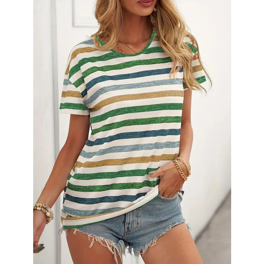 Striped Round Neck Short Sleeve T-Shirt Apparel and Accessories