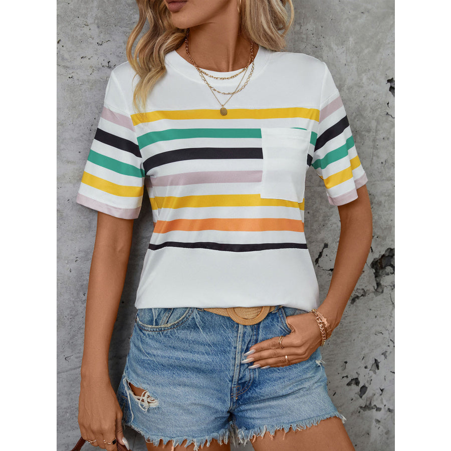 Striped Round Neck Short Sleeve T - Shirt Apparel and Accessories