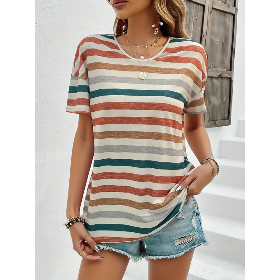 Striped Round Neck Short Sleeve T-Shirt Apparel and Accessories