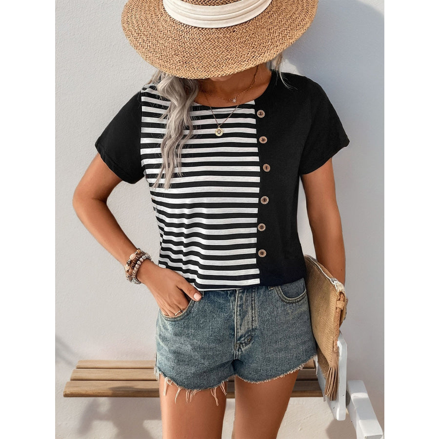 Striped Round Neck Short Sleeve T-Shirt Apparel and Accessories