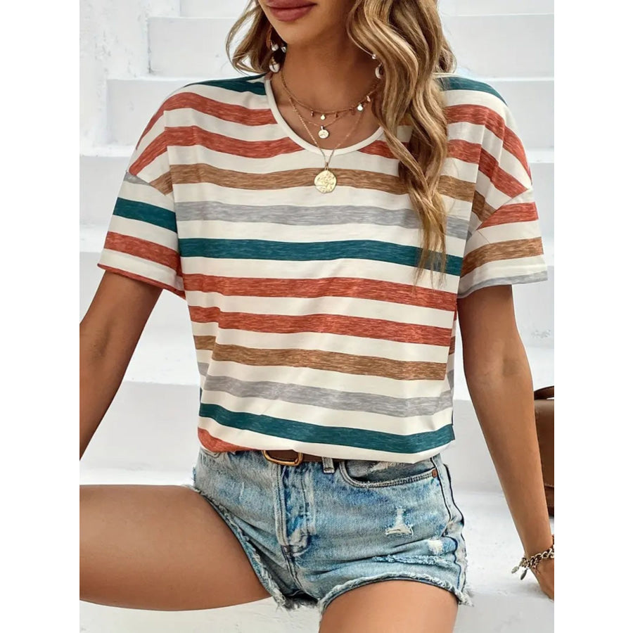 Striped Round Neck Short Sleeve T-Shirt Apparel and Accessories