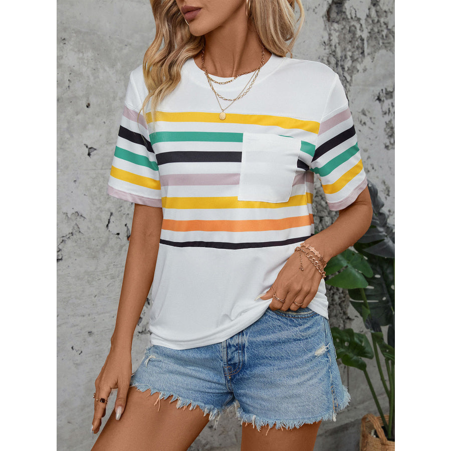 Striped Round Neck Short Sleeve T - Shirt Apparel and Accessories