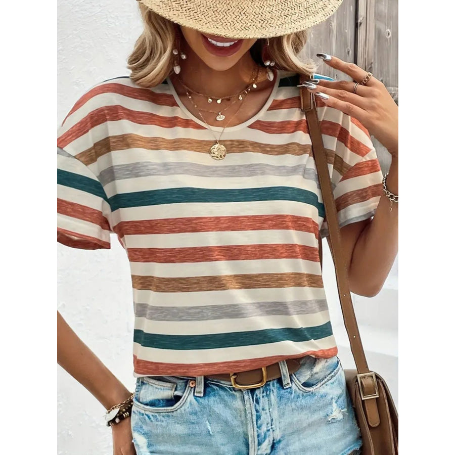 Striped Round Neck Short Sleeve T-Shirt Apparel and Accessories