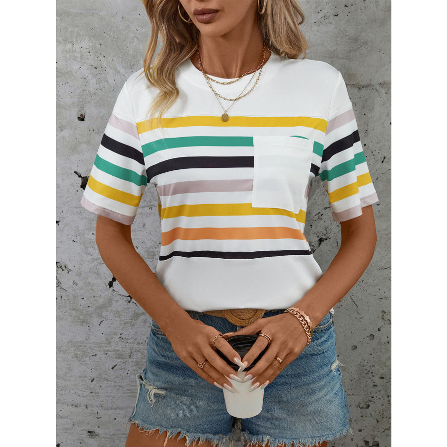 Striped Round Neck Short Sleeve T - Shirt Apparel and Accessories