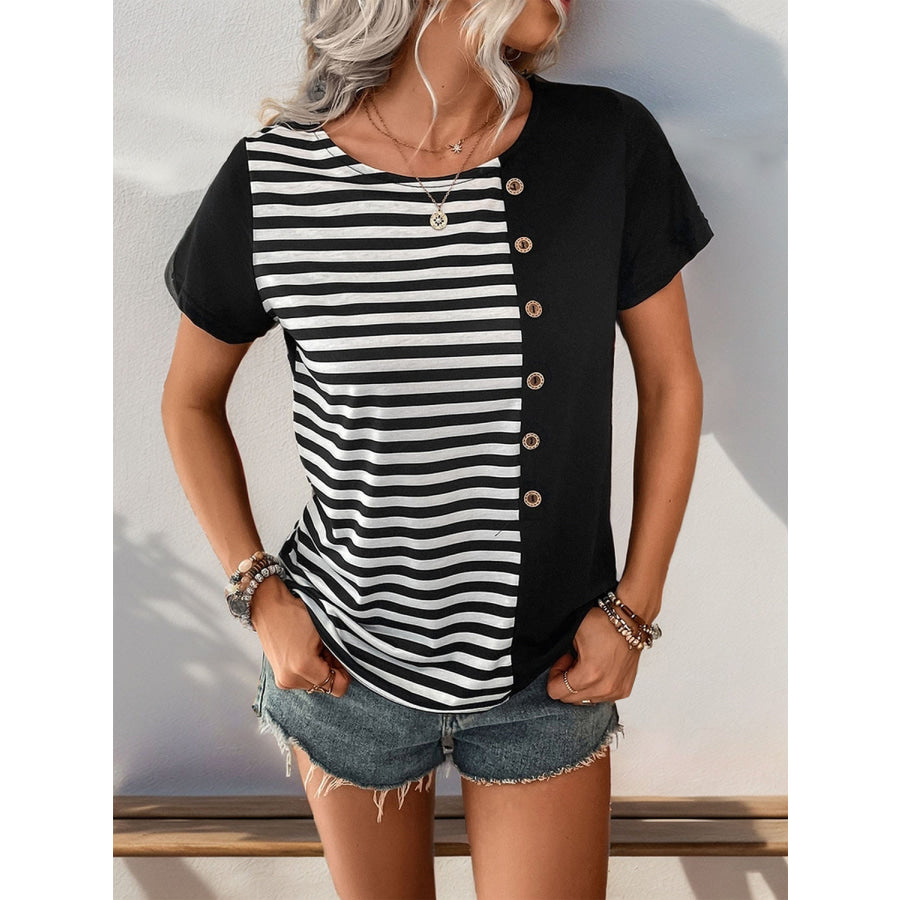 Striped Round Neck Short Sleeve T-Shirt Black / S Apparel and Accessories