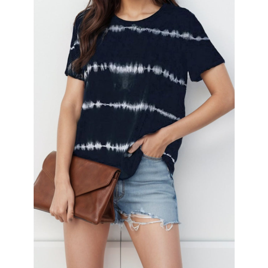 Striped Round Neck Short Sleeve T-Shirt Black / S Apparel and Accessories