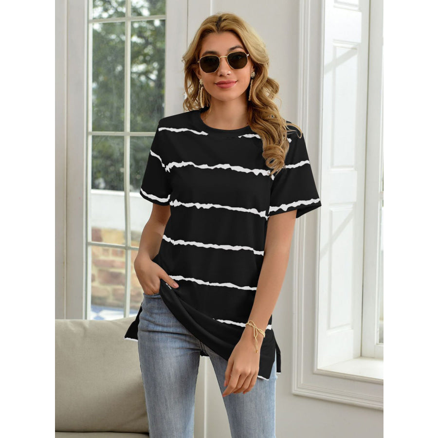 Striped Round Neck Short Sleeve T-Shirt Black / S Apparel and Accessories