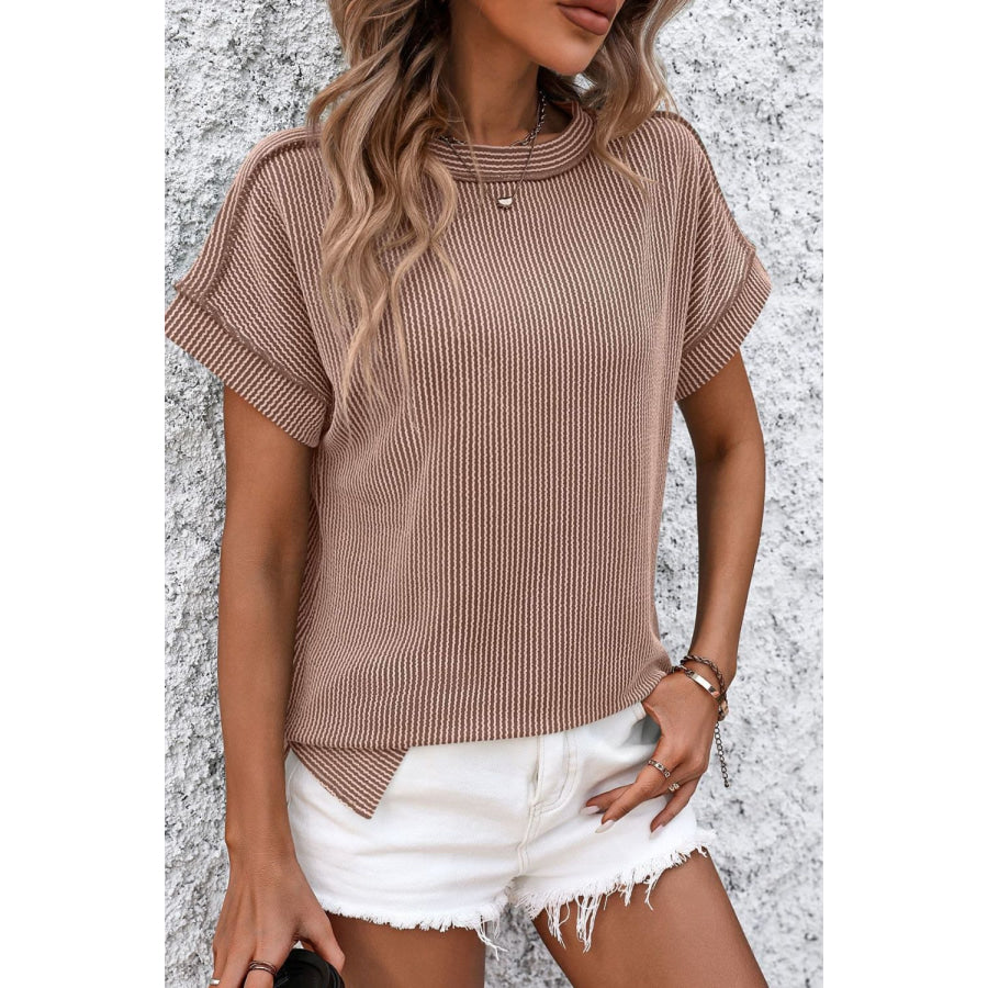 Striped Round Neck Short Sleeve T-Shirt Camel / S Apparel and Accessories