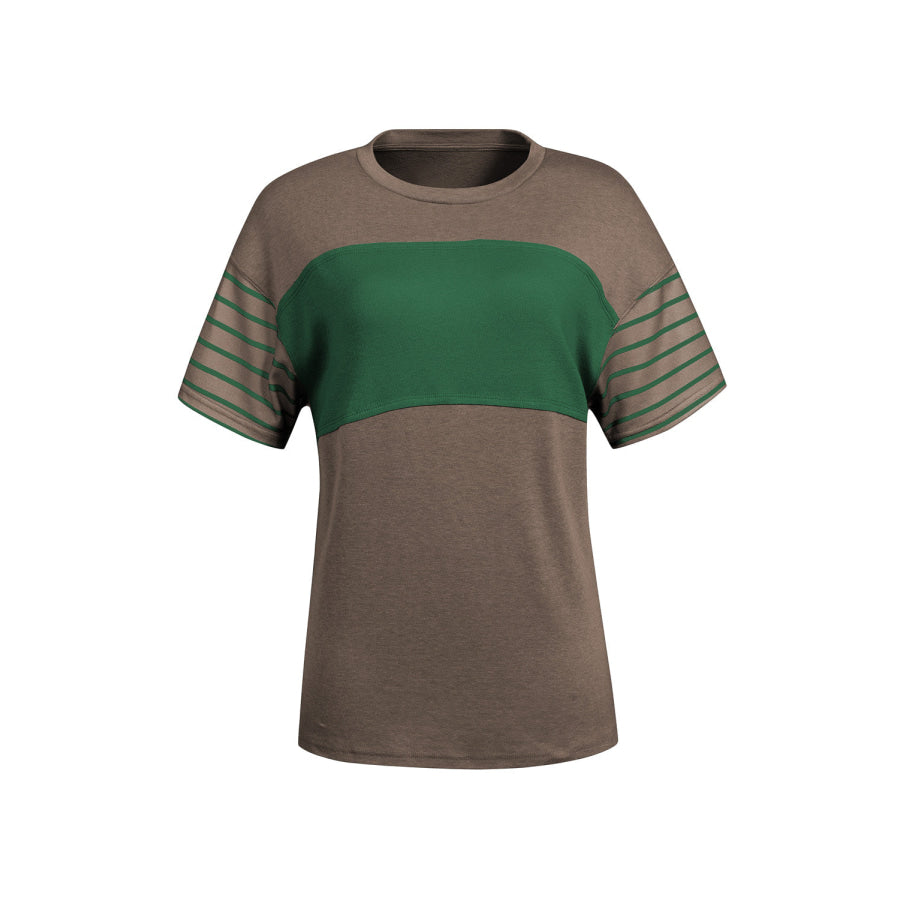 Striped Round Neck Short Sleeve T-Shirt Chocolate / S Apparel and Accessories