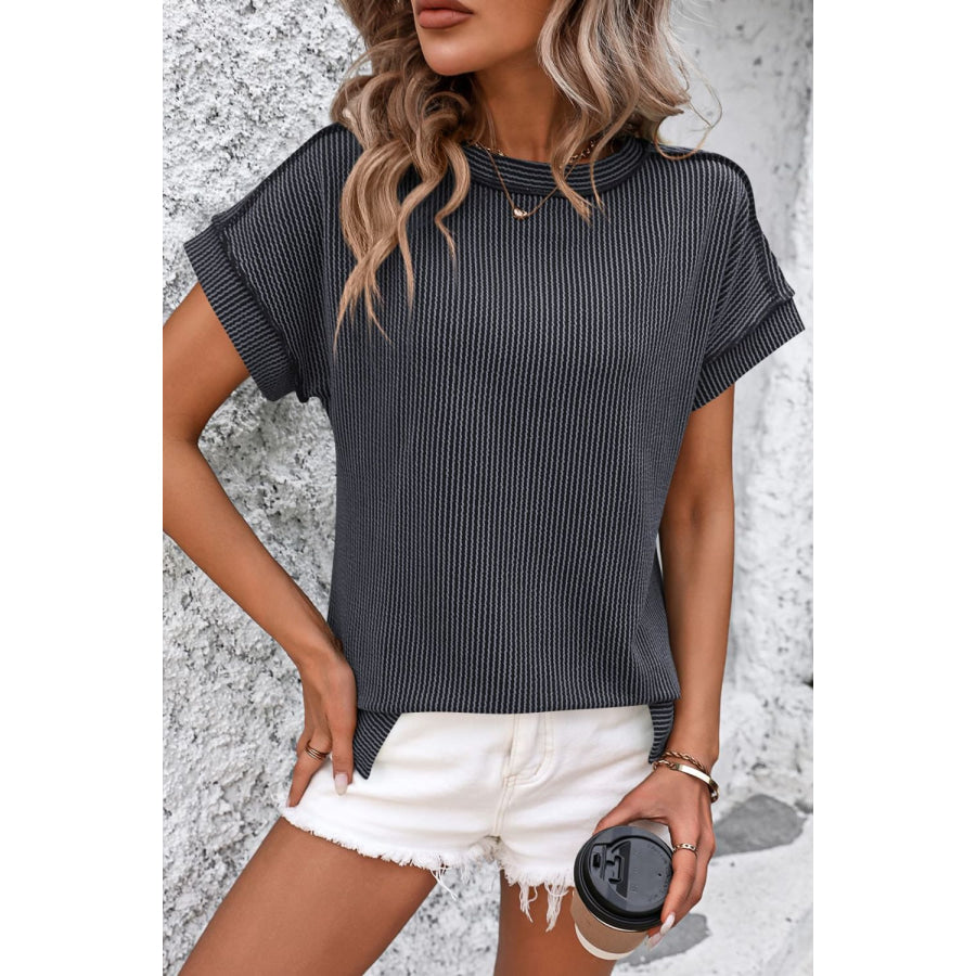 Striped Round Neck Short Sleeve T-Shirt Dark Gray / S Apparel and Accessories