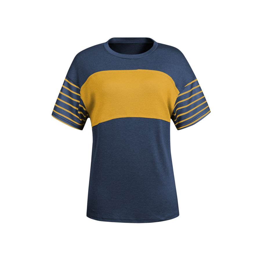 Striped Round Neck Short Sleeve T-Shirt Dark Navy / S Apparel and Accessories