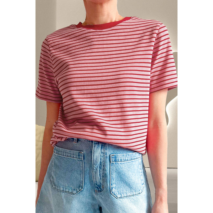 Striped Round Neck Short Sleeve T-Shirt Deep Red / S Apparel and Accessories